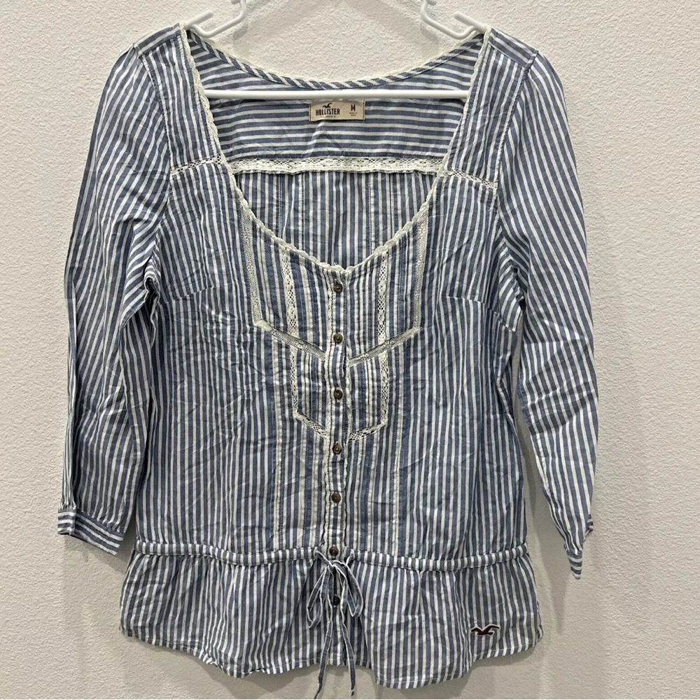 HOLLISTER WOMENS JUNIORS STRIPED TOP LACE DRAWSTRING BEACH MERMAID COASTAL SZ M